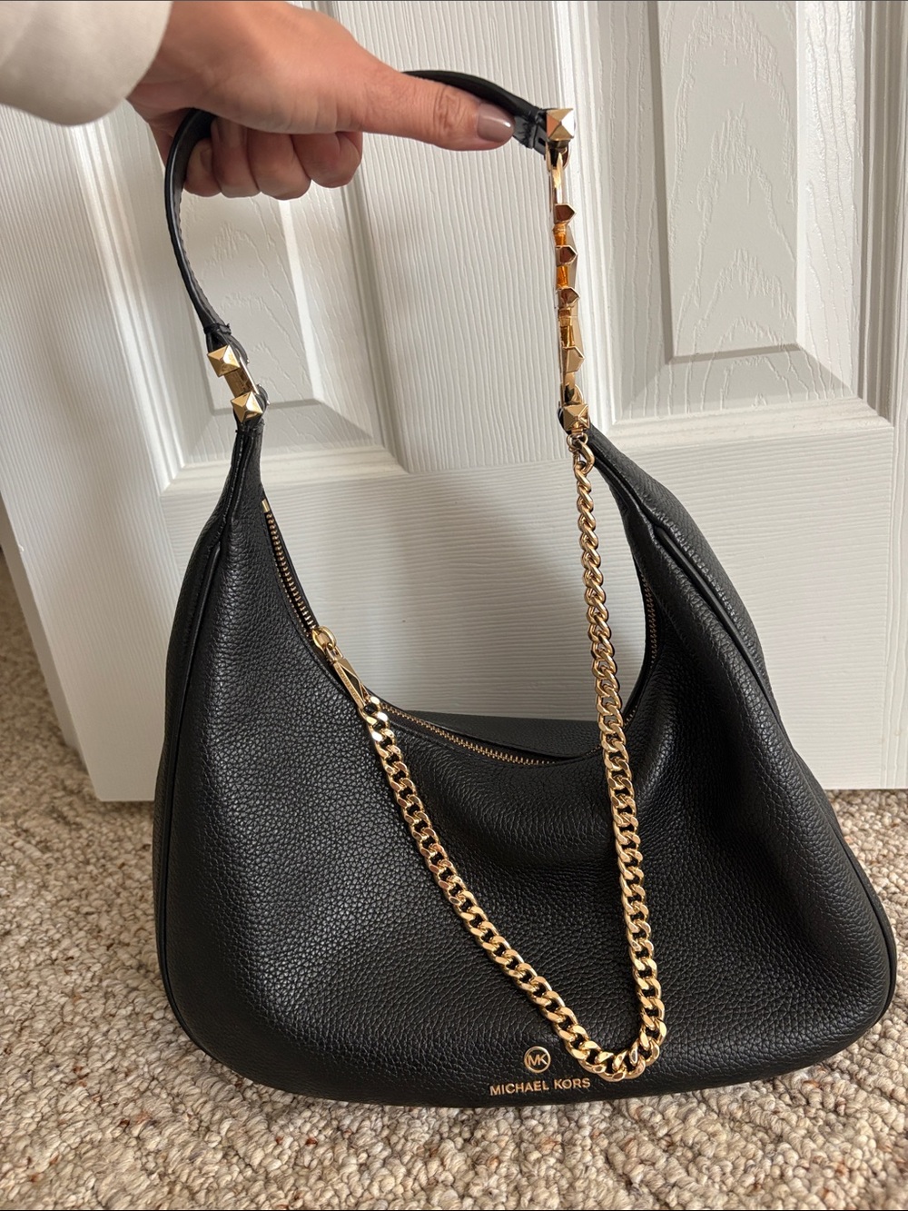Michael Kors Black Pebbled Leather Shoulder Hobo with Gold Chain Accent
